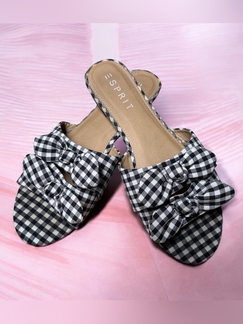 Esprit Black & White Kenya Gingham Bow Slide Mules sandals Capri 8.5